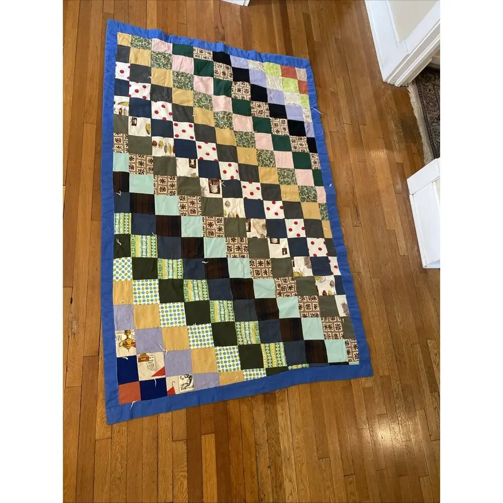 VINTAGE Handmade Patchwork Quilt Blanket Boho Hippie Cottage 70X 50 READ Flaw